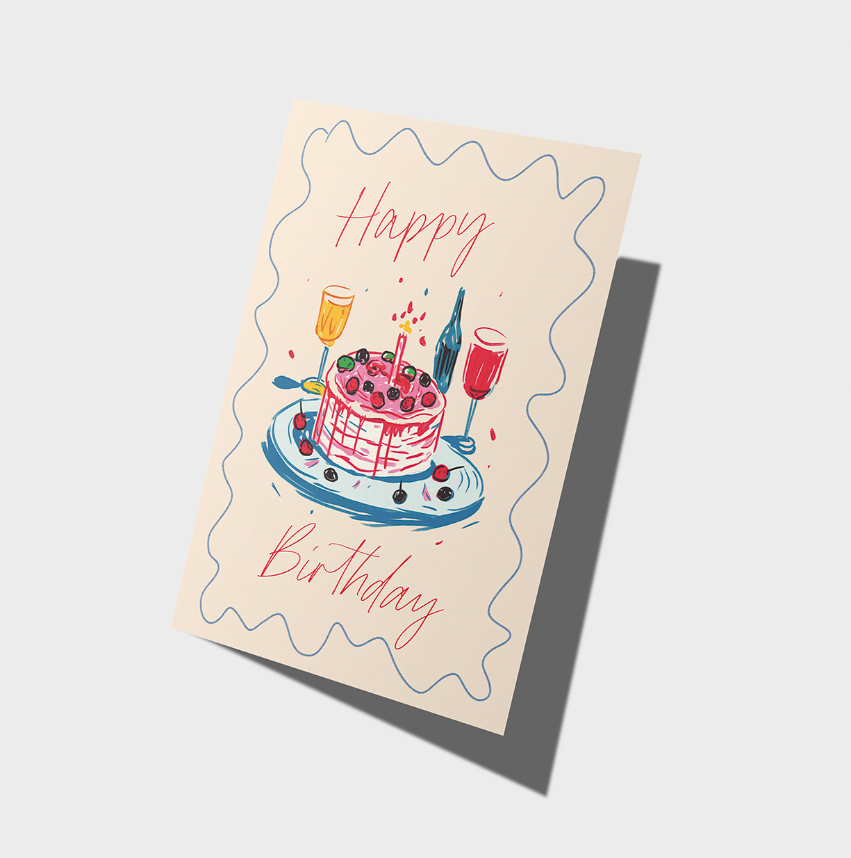 Happy Birthday Card | Hand Drawn Illustration | Cake, Fizz & Candles