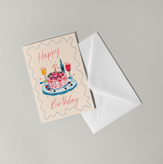 Happy Birthday Card | Hand Drawn Illustration | Cake, Fizz & Candles